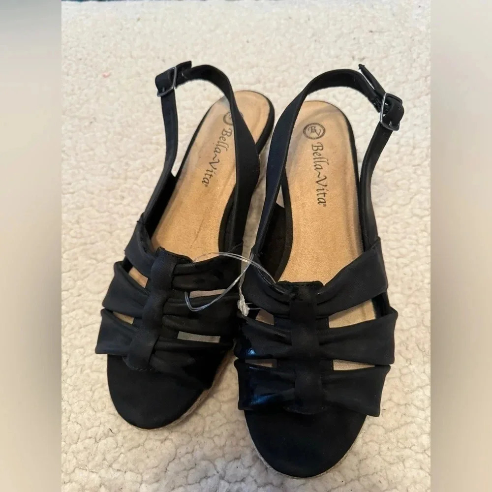 Bella‎ Vita Women’s black brown rope wedges strappy peep toe heel size 8M